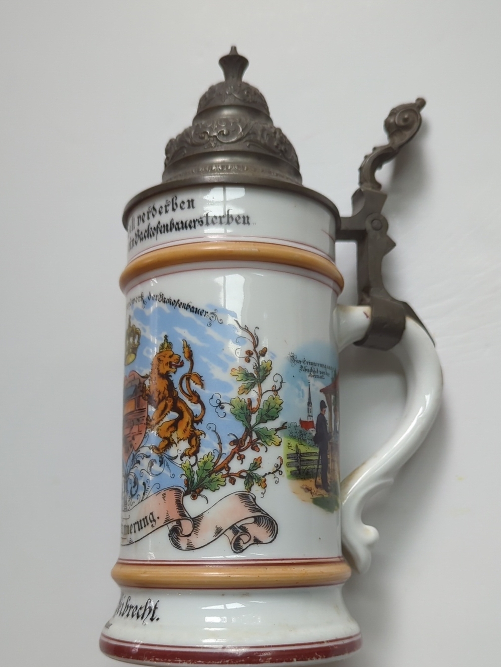 Vintage White and Brown German Beer Stein with Pewter Lid And Lithophane